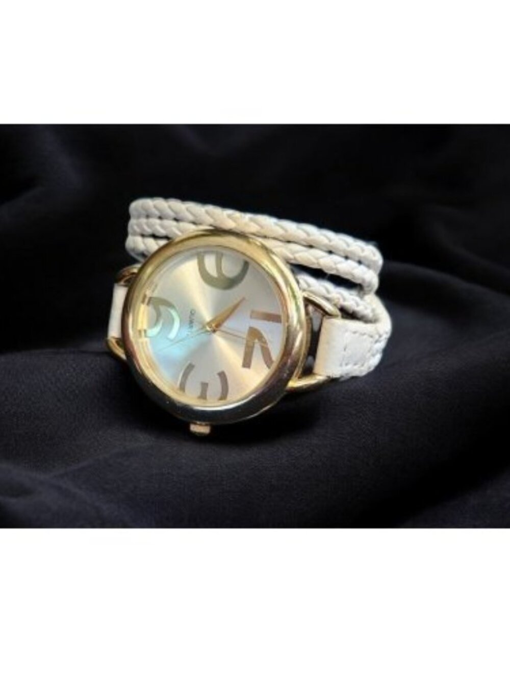 White Braided Multi Strand Faux Leather Goldtone Round Face Wrap Ladies Watch